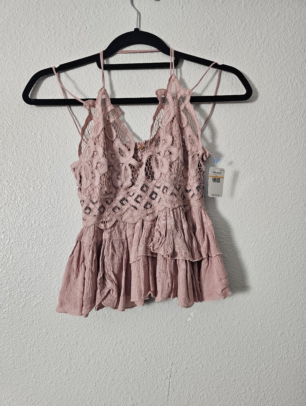 Nwt Free People Lace Crochet Pink Spaghetti-Strap Women's Top Adella Tank Sz S - Picture 3 of 6